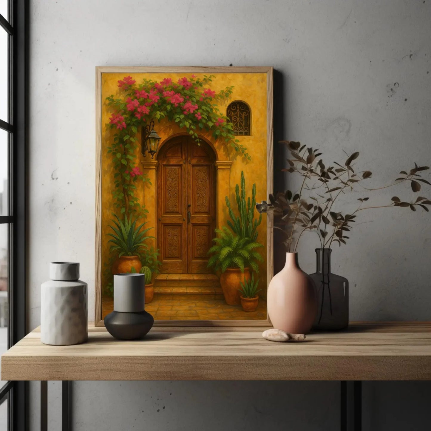 Mexican colonial doorway wall art print rustic terracotta house entrance decor with flowers plants clay pots traditional architecture Wall Art – Canvas Print