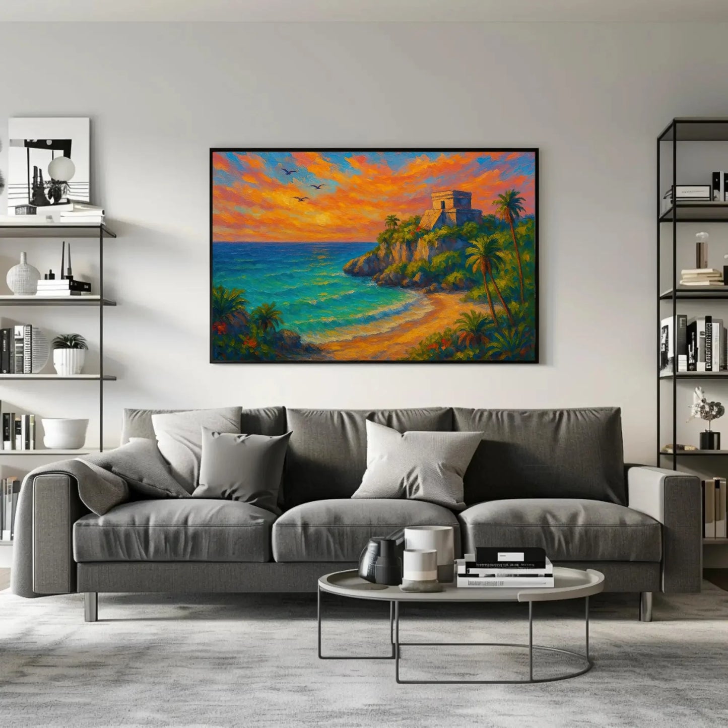 Tulum beach canvas print mayan ruins wall art tropical mexican coast sunset painting boho coastal decor with palm trees and cliff Wall Art – Canvas Print