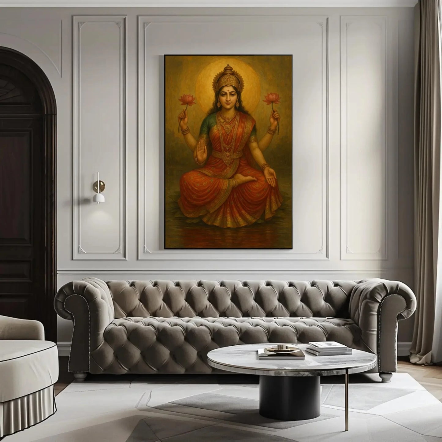 Goddess Lakshmi Hindu Canvas Print – Spiritual Indian Wall Art with Lotus for Mandir, Living Room, or Diwali Gifting Wall Art – Canvas Print