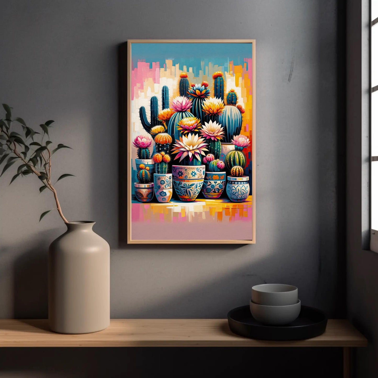 Vibrant Cactus and Flowers Vertical Canvas Print