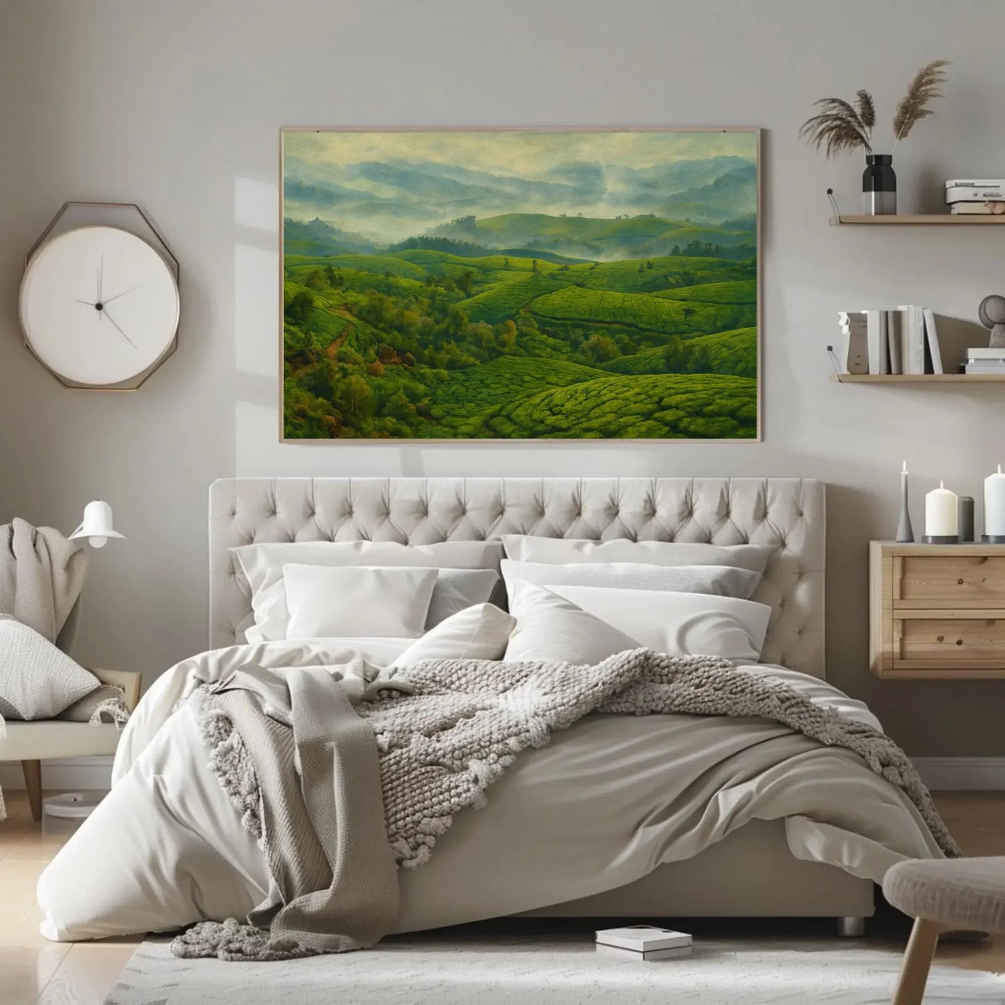 Misty Morning Munnar Tea Plantations Canvas Print, Serene Green Landscape Painting, Peaceful Nature Wall Art, Refreshing Botanical Decor Wall Art – Canvas Print