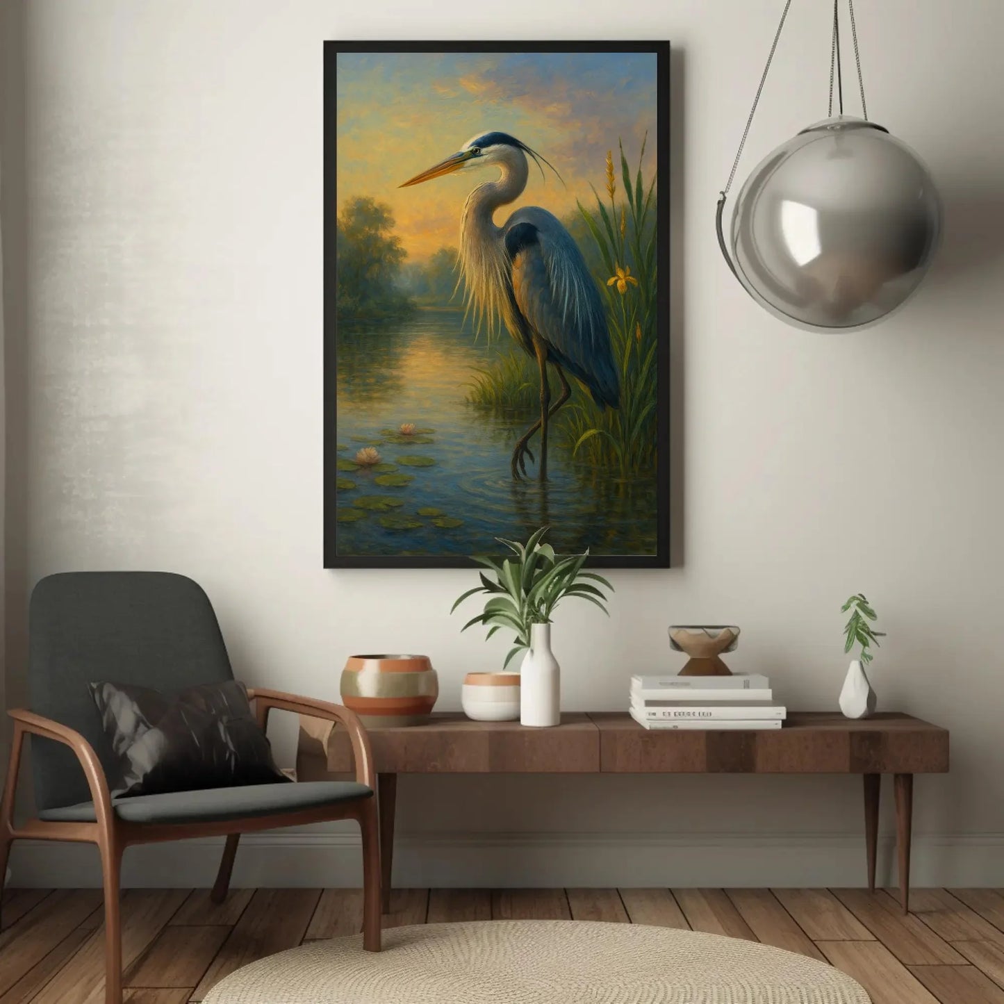 Great blue heron painting in tranquil wetlands at sunset nature bird wall art print wildlife landscape canvas serene decor Wall Art – Canvas Print