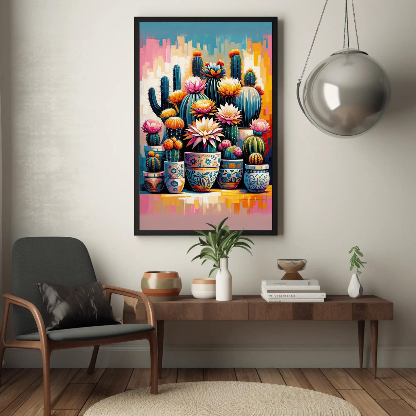Vibrant Cactus and Flowers Vertical Canvas Print