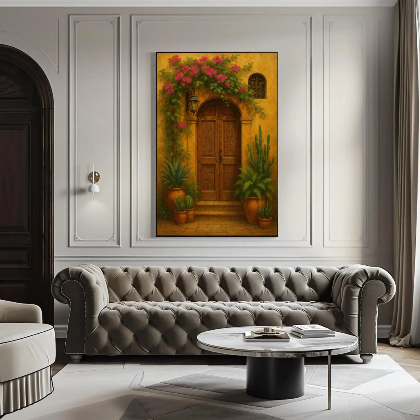 Mexican colonial doorway wall art print rustic terracotta house entrance decor with flowers plants clay pots traditional architecture Wall Art – Canvas Print