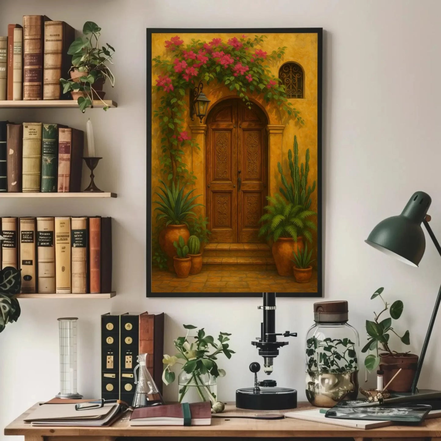 Mexican colonial doorway wall art print rustic terracotta house entrance decor with flowers plants clay pots traditional architecture Wall Art – Canvas Print