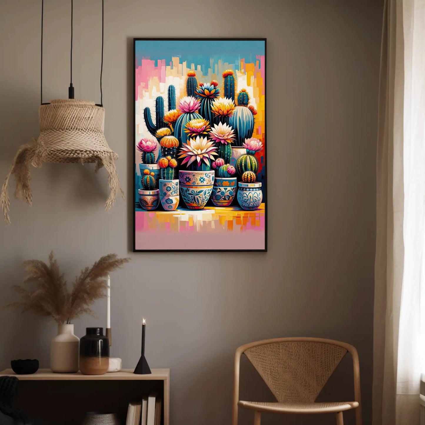 Vibrant Cactus and Flowers Vertical Canvas Print