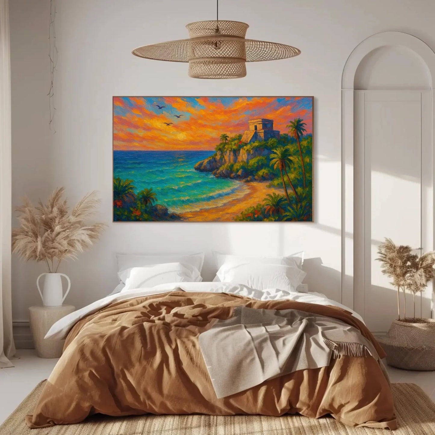 Tulum beach canvas print mayan ruins wall art tropical mexican coast sunset painting boho coastal decor with palm trees and cliff Wall Art – Canvas Print