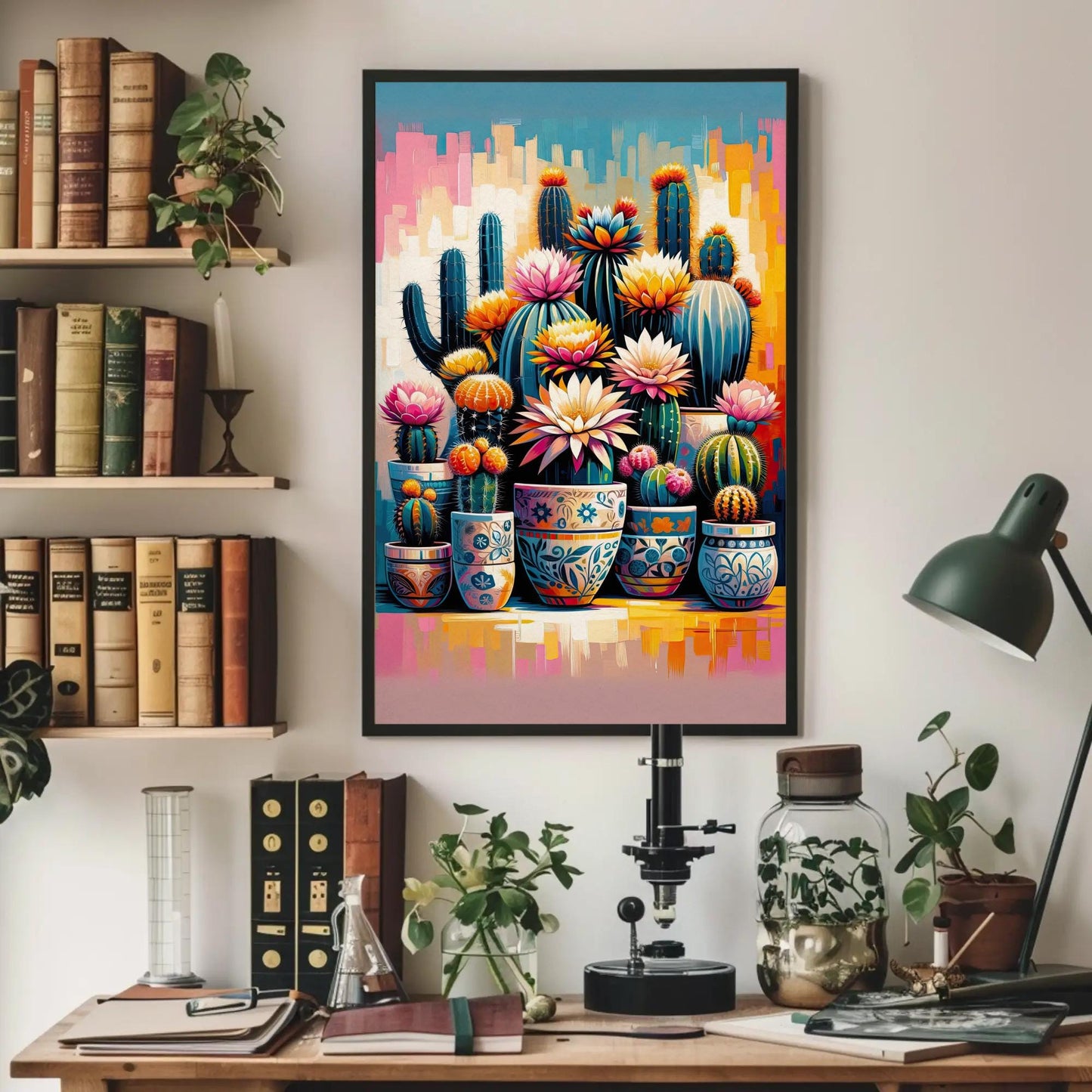 Vibrant Cactus and Flowers Vertical Canvas Print