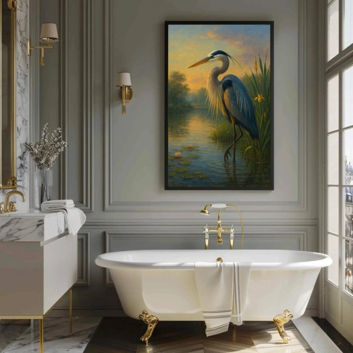 Great blue heron painting in tranquil wetlands at sunset nature bird wall art print wildlife landscape canvas serene decor Wall Art – Canvas Print