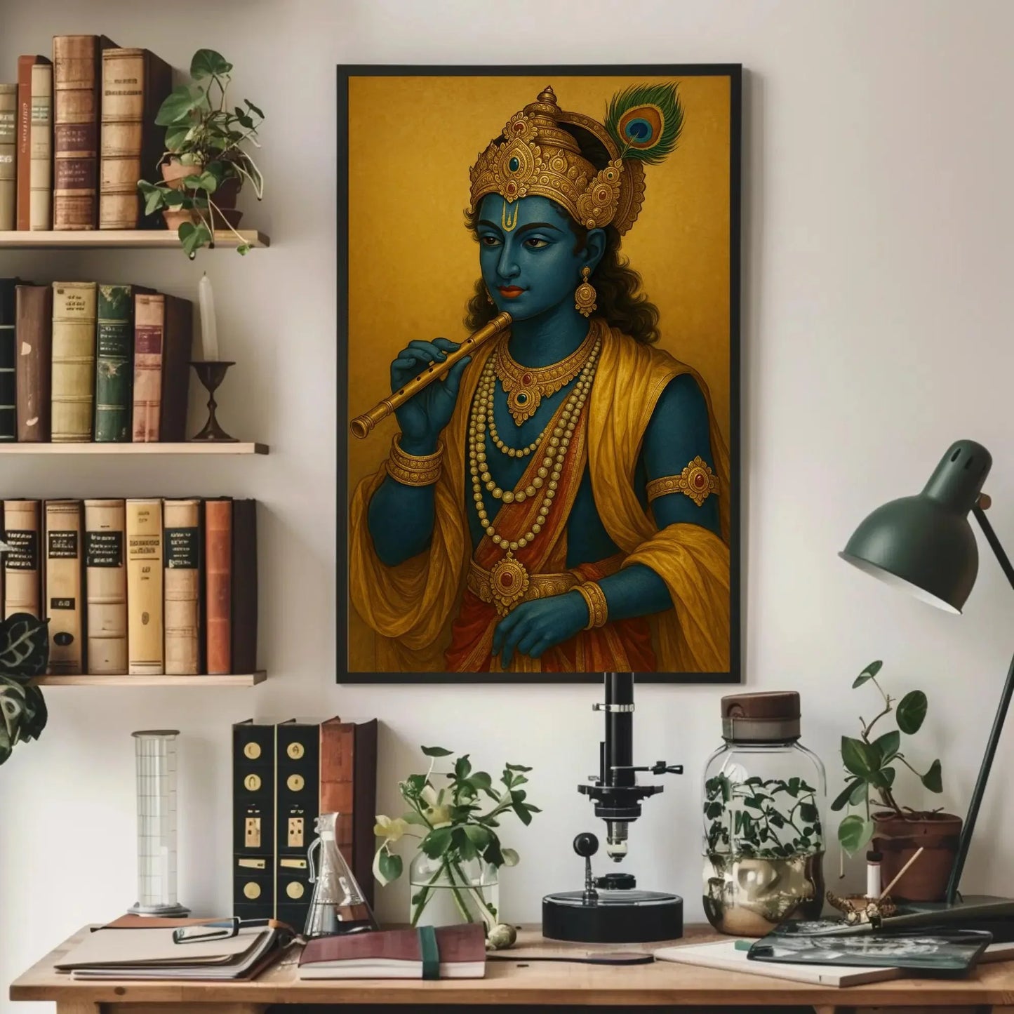 Krishna portrait with flute canvas print Indian art Hindu god wall decor spiritual blessing divine blue deity home temple piece Wall Art – Canvas Print