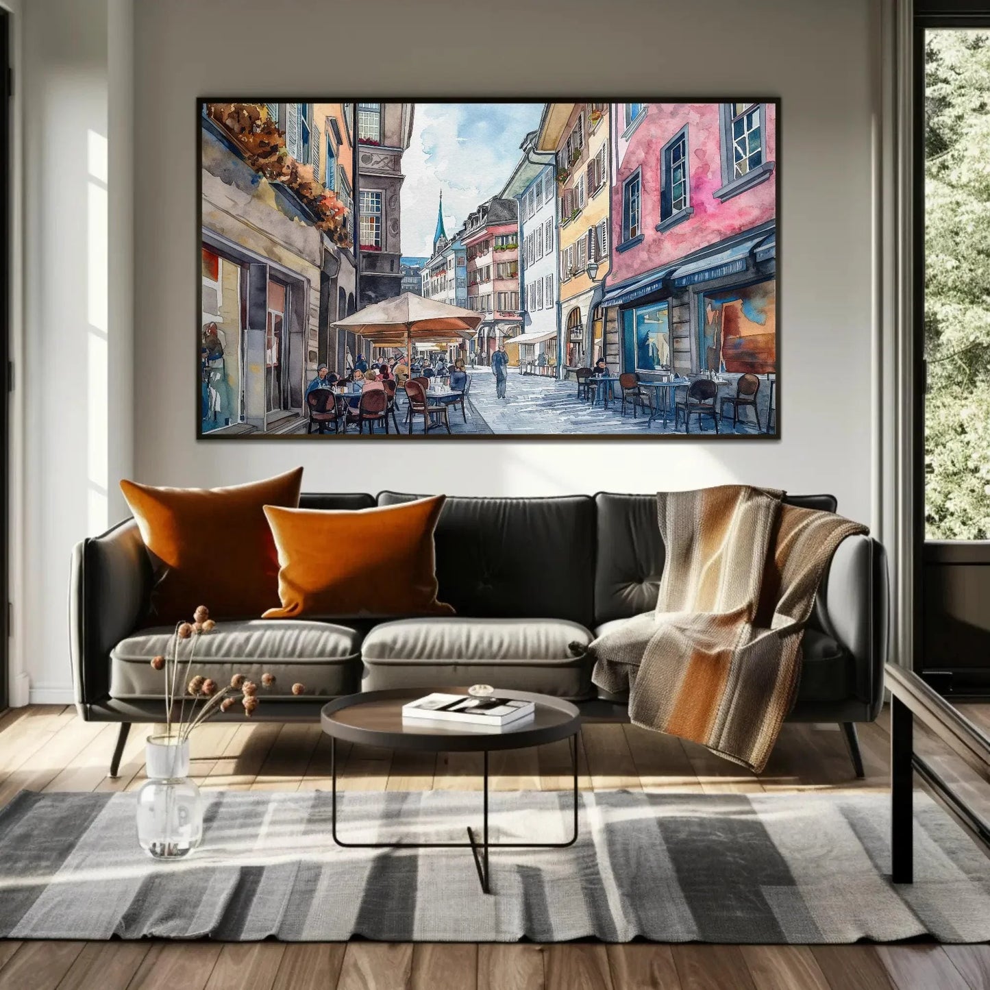 Zurich Switzerland Street Painting, Framed Watercolor Print, Scenic Swiss Art Poster, Ready to Hang, Perfect for Living Room or Office Wall Art – Canvas Print
