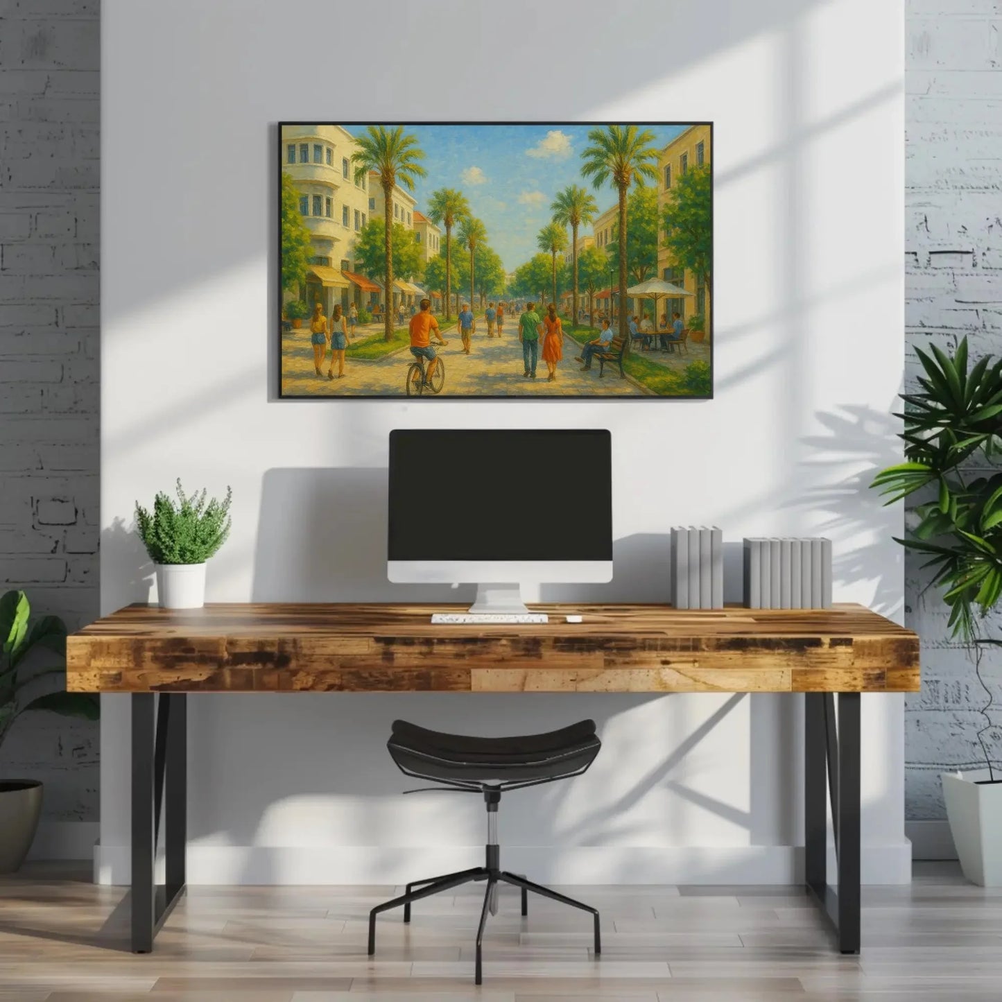 Israel palm street canvas print sunny modern city painting Middle Eastern art for home decor romantic warm tone landscape Wall Art – Canvas Print