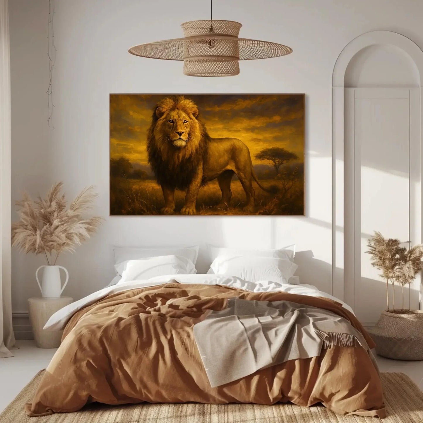 African Lion Sunset Painting Majestic King of Jungle Wildlife Wall Art Safari Nature Animal Decor Strength Courage Canvas Print Wall Art – Canvas Print