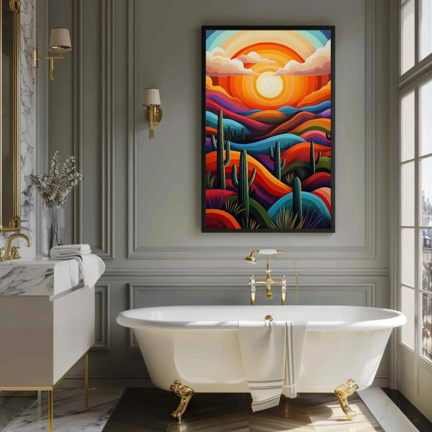 Sunset Over Cacti in the Sonoran Desert Canvas Print | Mexican Desert Landscape | Vibrant Southwestern Wall Art | Sonoran Cacti Decor Wall Art – Canvas Print