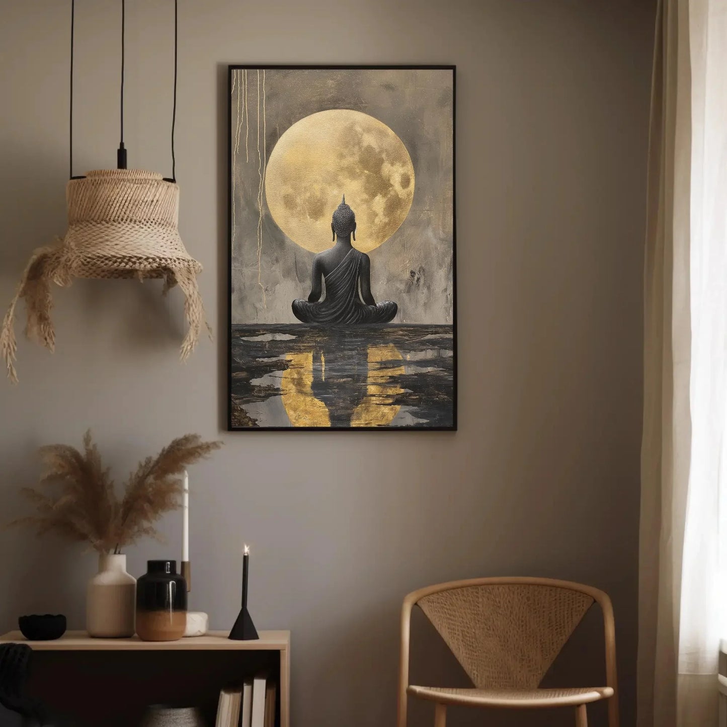 Buddha Meditating Under Moon Canvas Painting - Indian Art Gold Luxury Wall Art - Framed Buddha Decor for Office, Living Room Ready to Hang Wall Art – Canvas Print