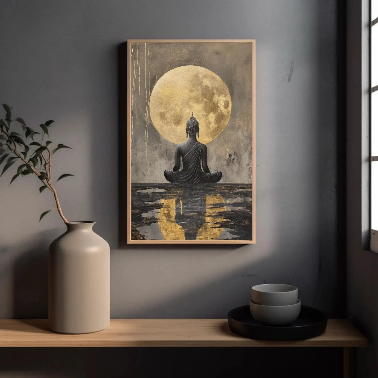 Buddha Meditating Under Moon Canvas Painting - Indian Art Gold Luxury Wall Art - Framed Buddha Decor for Office, Living Room Ready to Hang Wall Art – Canvas Print