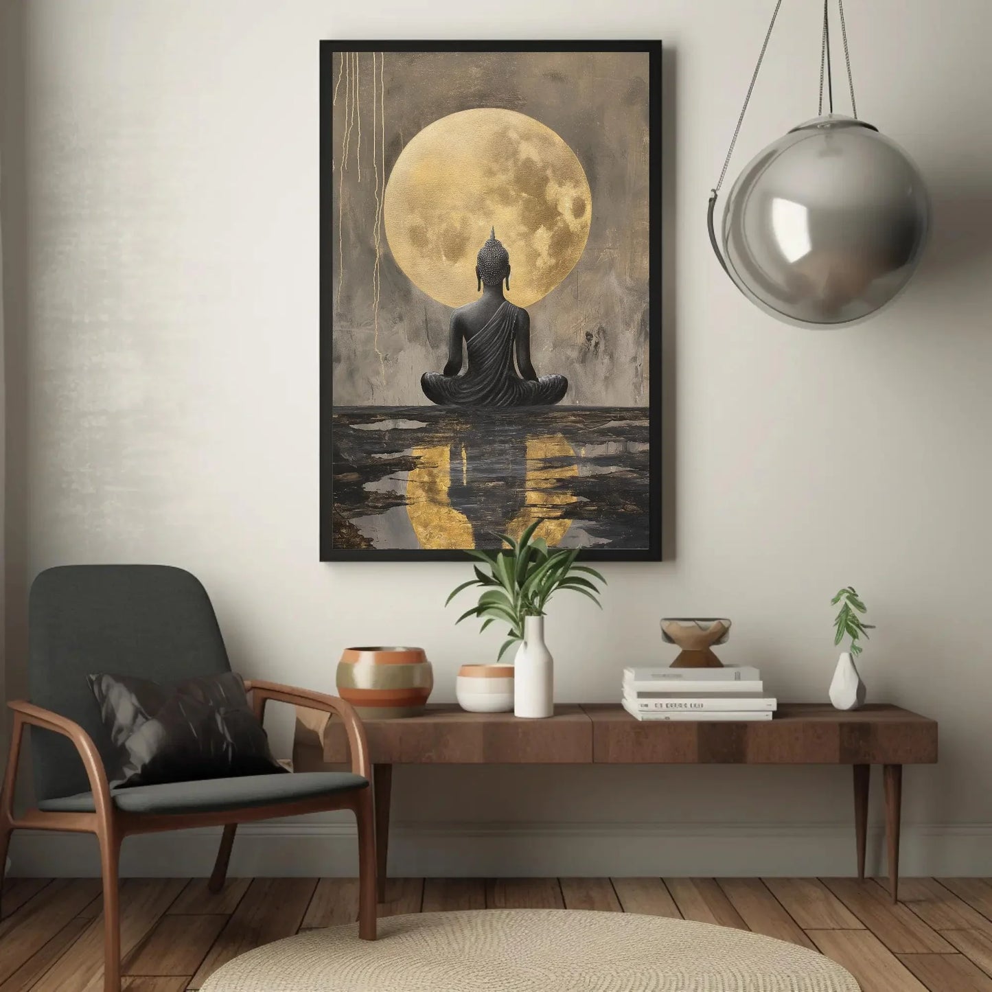 Buddha Meditating Under Moon Canvas Painting - Indian Art Gold Luxury Wall Art - Framed Buddha Decor for Office, Living Room Ready to Hang Wall Art – Canvas Print