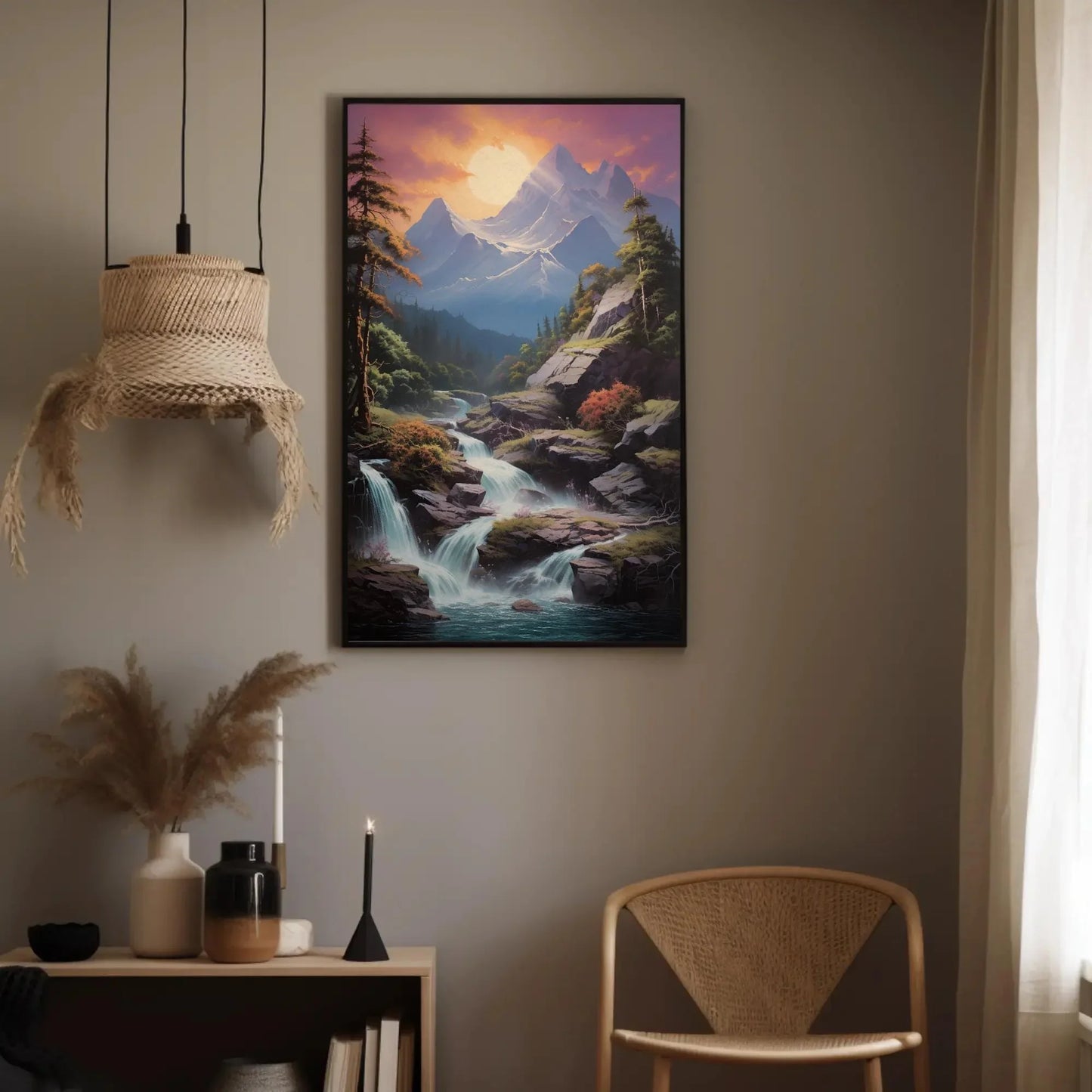 Mountain Sunset Waterfall Canvas Wall Art, Vertical Forest Landscape Print, Nature Decor for Living Room, Bedroom, Office Wall Art – Canvas Print