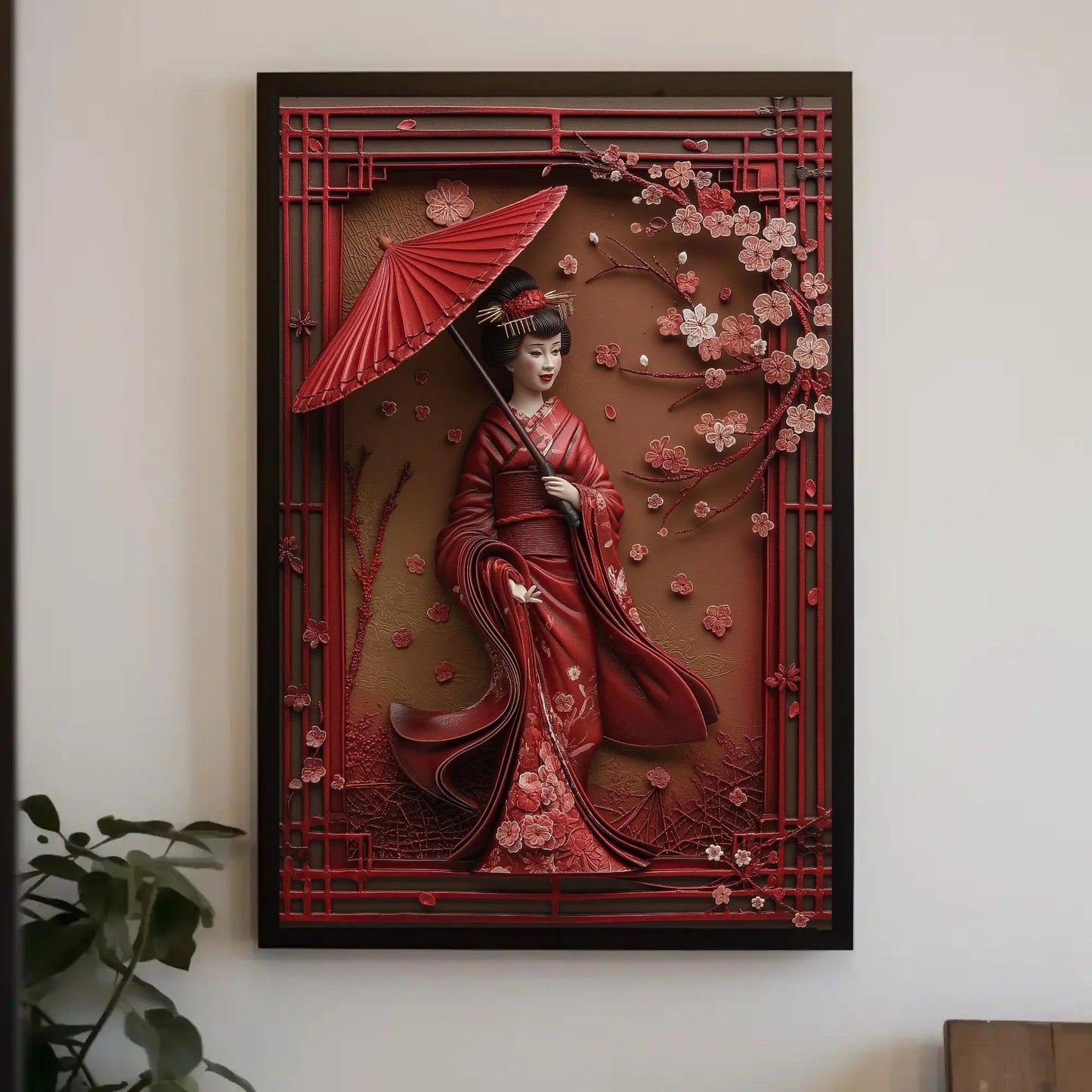 3D Japanese Geisha with Umbrella Canvas Art, Elegant Asian Wall Decor, Framed Geisha Artwork for Tea Room, Meditation Space, Ready to Hang Wall Art – Canvas Print