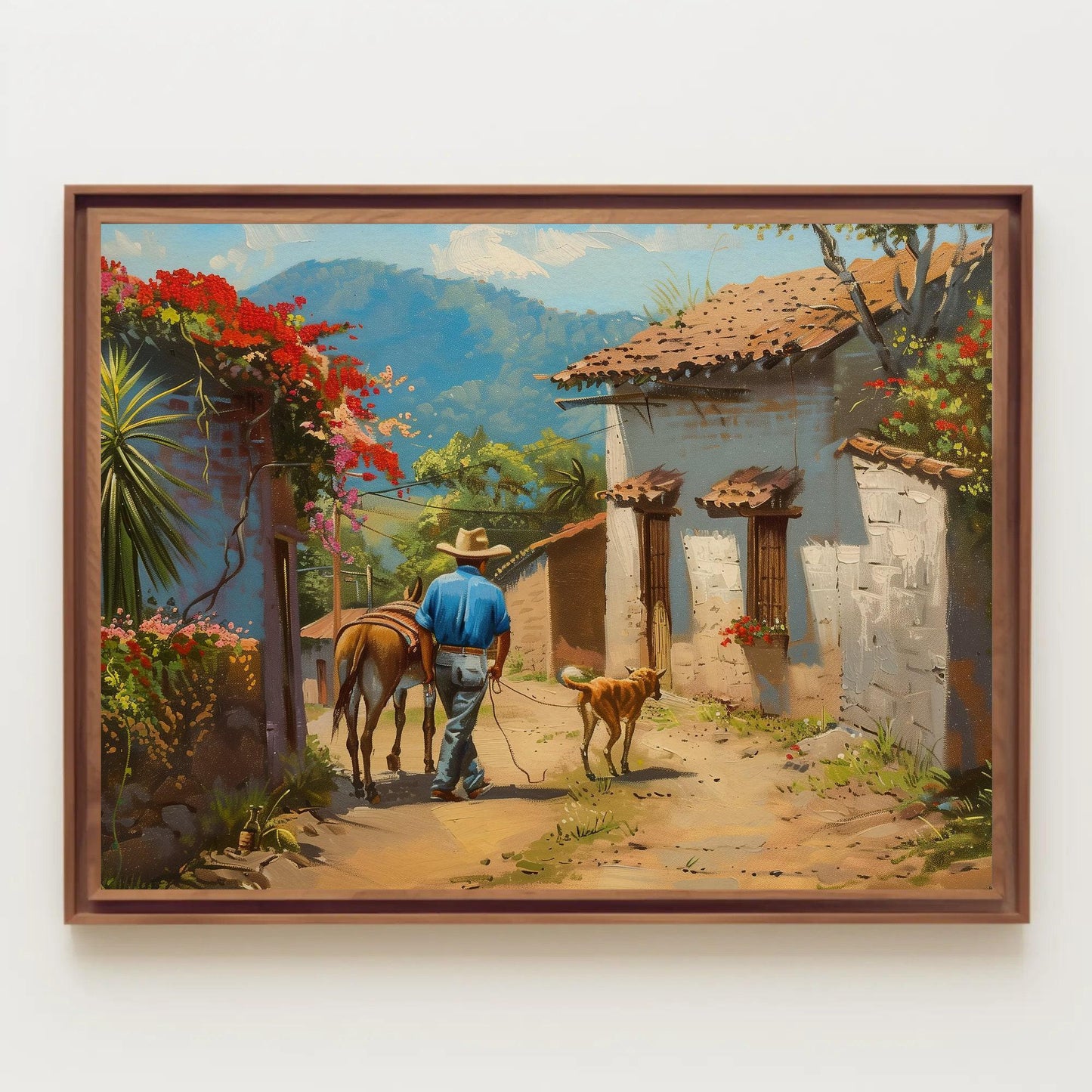 Mexican Village Oil Painting | Mexican Wall Art | Man with a Dog and Donkey | Mexico Home Decor | Mexico Art | Framed Canvas | Ready To Hang Wall Art – Canvas Print