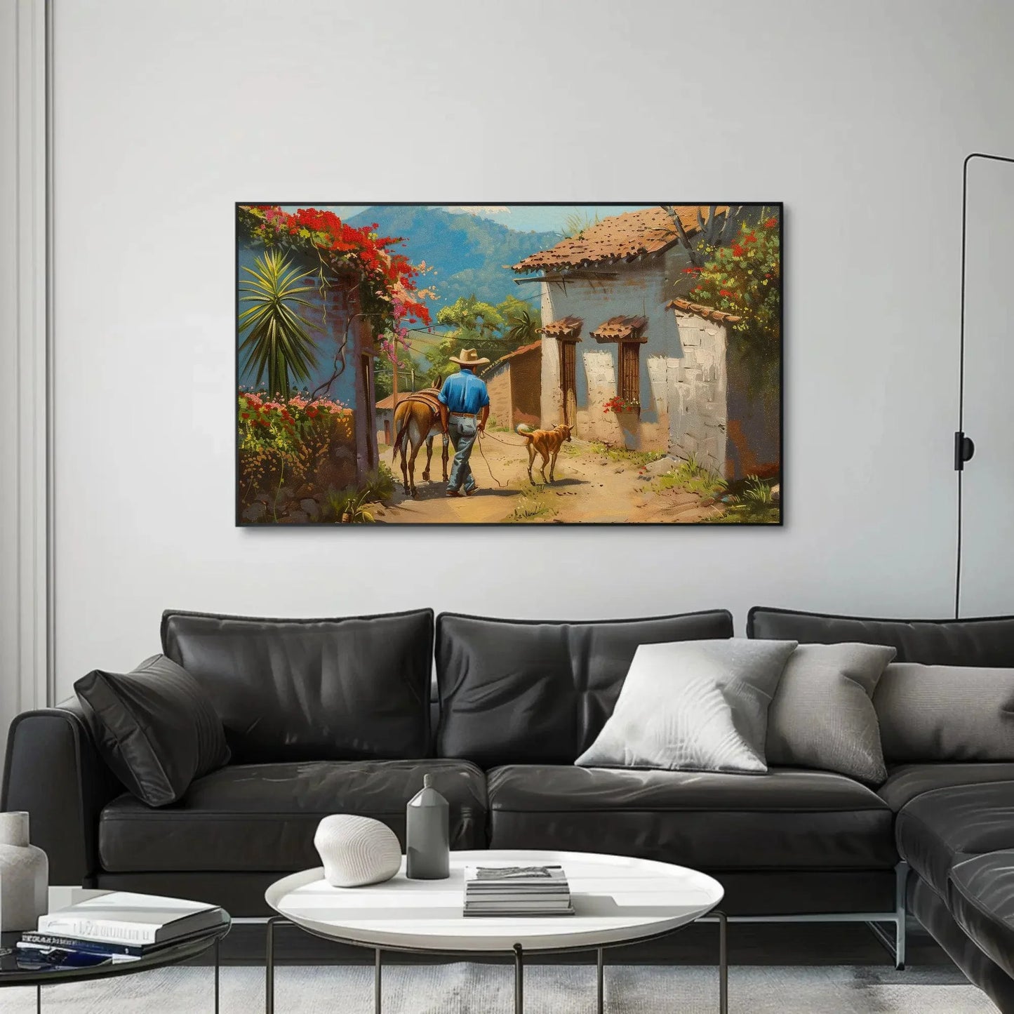 Mexican Village Oil Painting | Mexican Wall Art | Man with a Dog and Donkey | Mexico Home Decor | Mexico Art | Framed Canvas | Ready To Hang Wall Art – Canvas Print