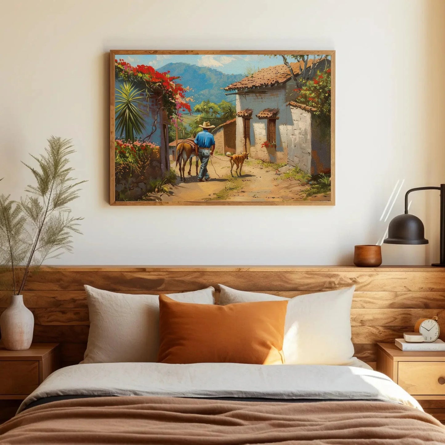 Mexican Village Oil Painting | Mexican Wall Art | Man with a Dog and Donkey | Mexico Home Decor | Mexico Art | Framed Canvas | Ready To Hang Wall Art – Canvas Print