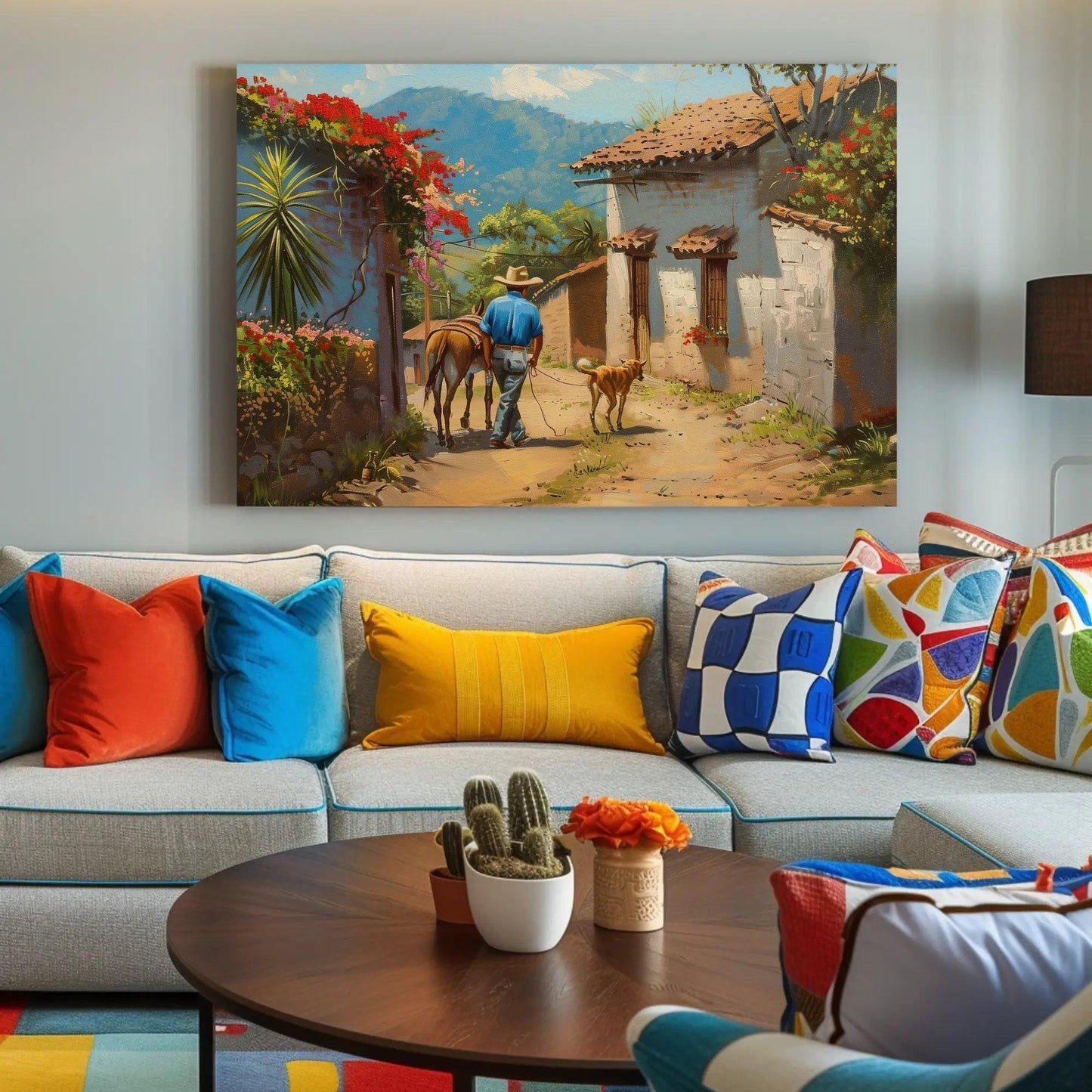 Mexican Village Oil Painting | Mexican Wall Art | Man with a Dog and Donkey | Mexico Home Decor | Mexico Art | Framed Canvas | Ready To Hang Wall Art – Canvas Print