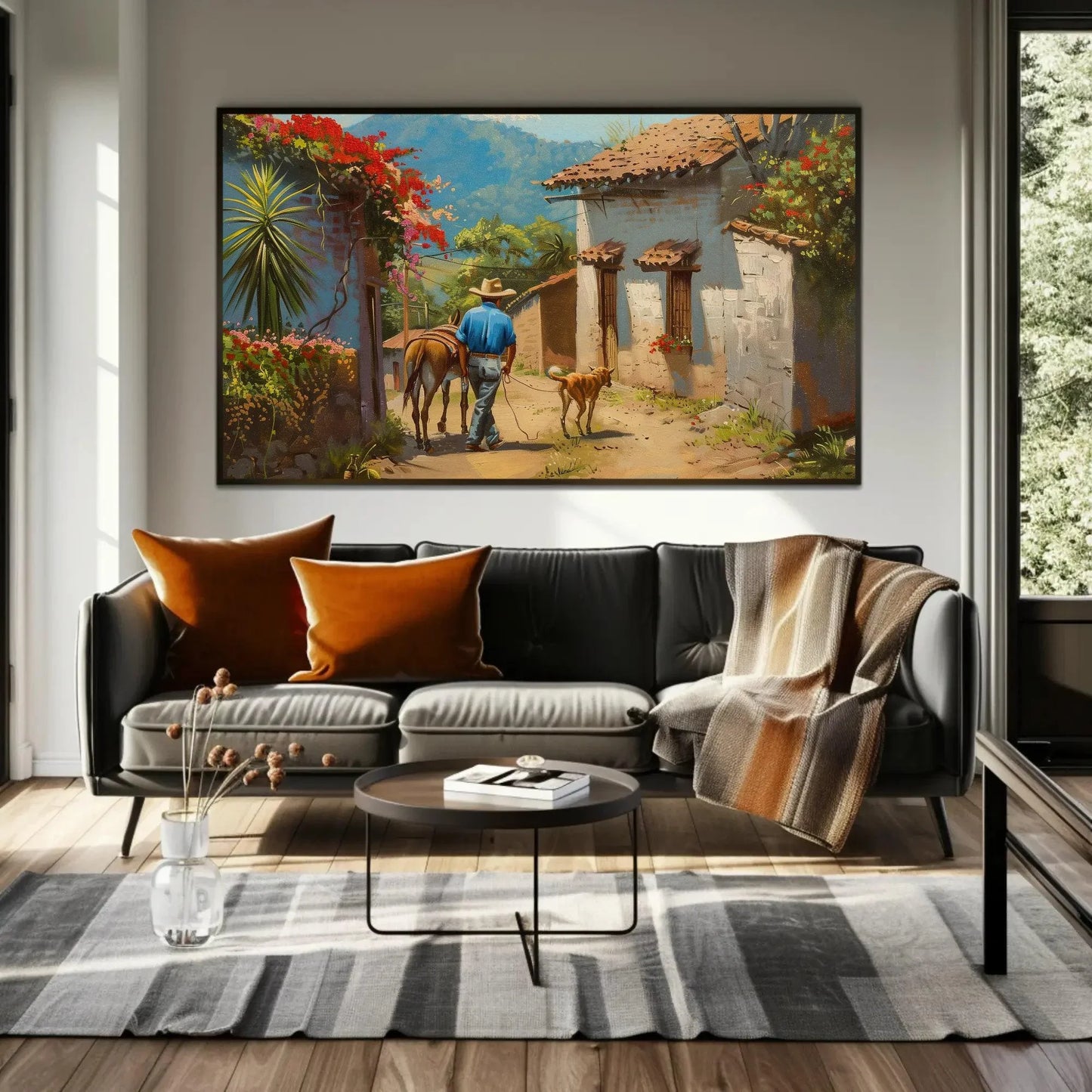 Mexican Village Oil Painting | Mexican Wall Art | Man with a Dog and Donkey | Mexico Home Decor | Mexico Art | Framed Canvas | Ready To Hang Wall Art – Canvas Print