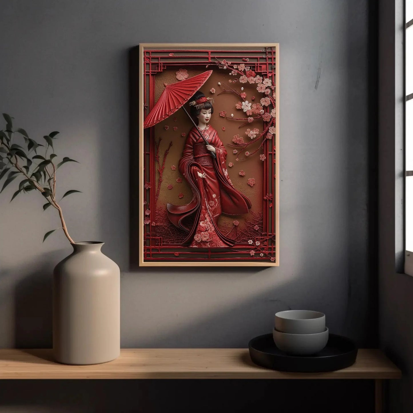 3D Japanese Geisha with Umbrella Canvas Art, Elegant Asian Wall Decor, Framed Geisha Artwork for Tea Room, Meditation Space, Ready to Hang Wall Art – Canvas Print