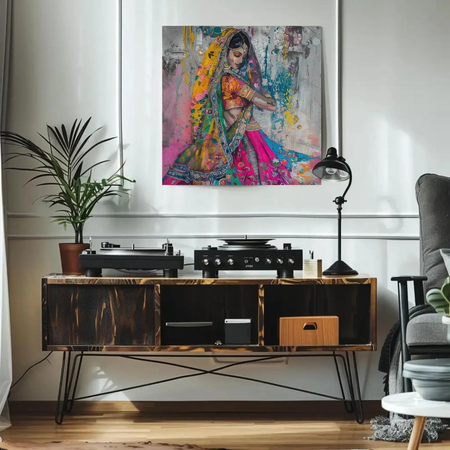 Traditional Indian Woman in Colorful Saree Abstract Canvas | Square Vibrant South Asian Wall Art | Indian Painting for Living Room, Bedroom Wall Art – Canvas Print