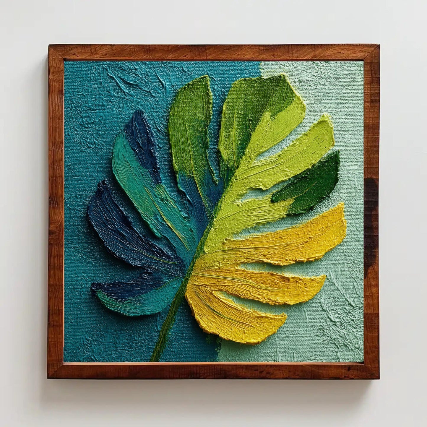Vibrant Impasto Monstera Leaf Art Print, Textured Tropical Wall Decor, Blue Teal Green Yellow, Modern Botanical Painting Statement Plant Art Wall Art – Canvas Print