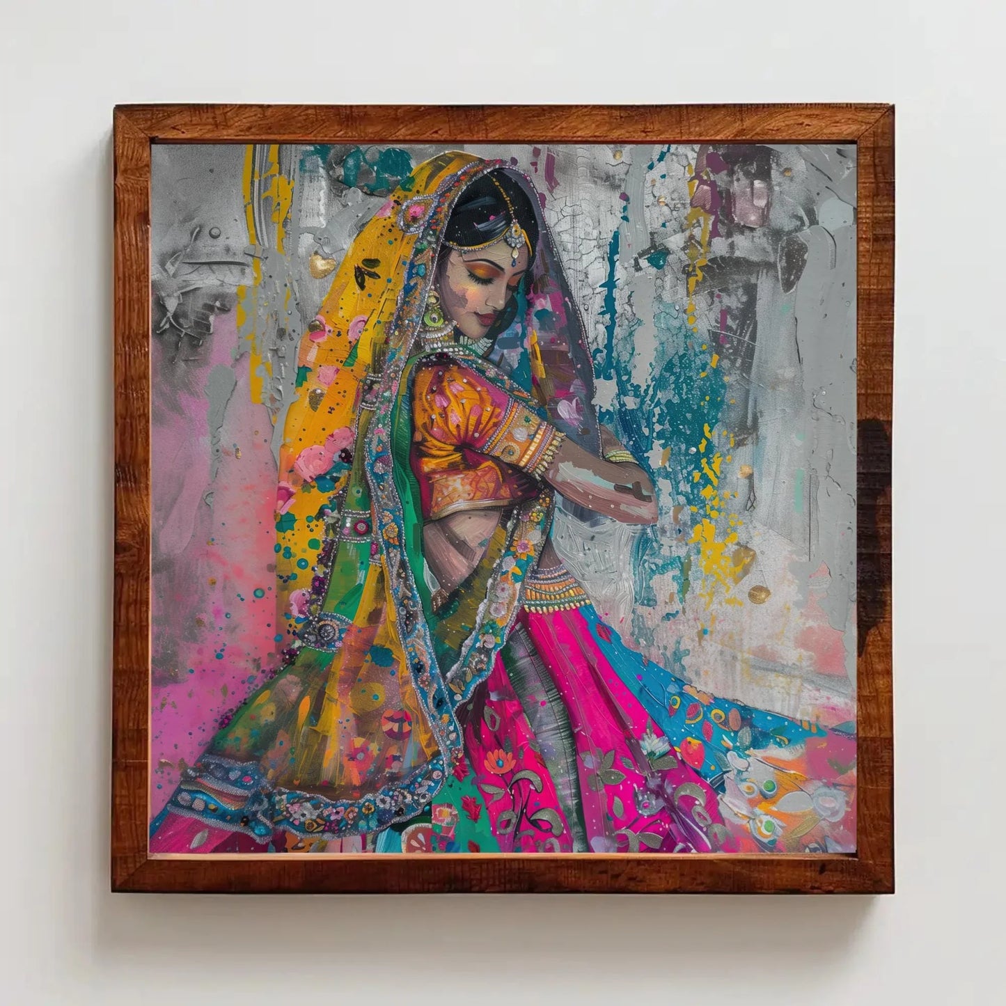 Traditional Indian Woman in Colorful Saree Abstract Canvas | Square Vibrant South Asian Wall Art | Indian Painting for Living Room, Bedroom Wall Art – Canvas Print