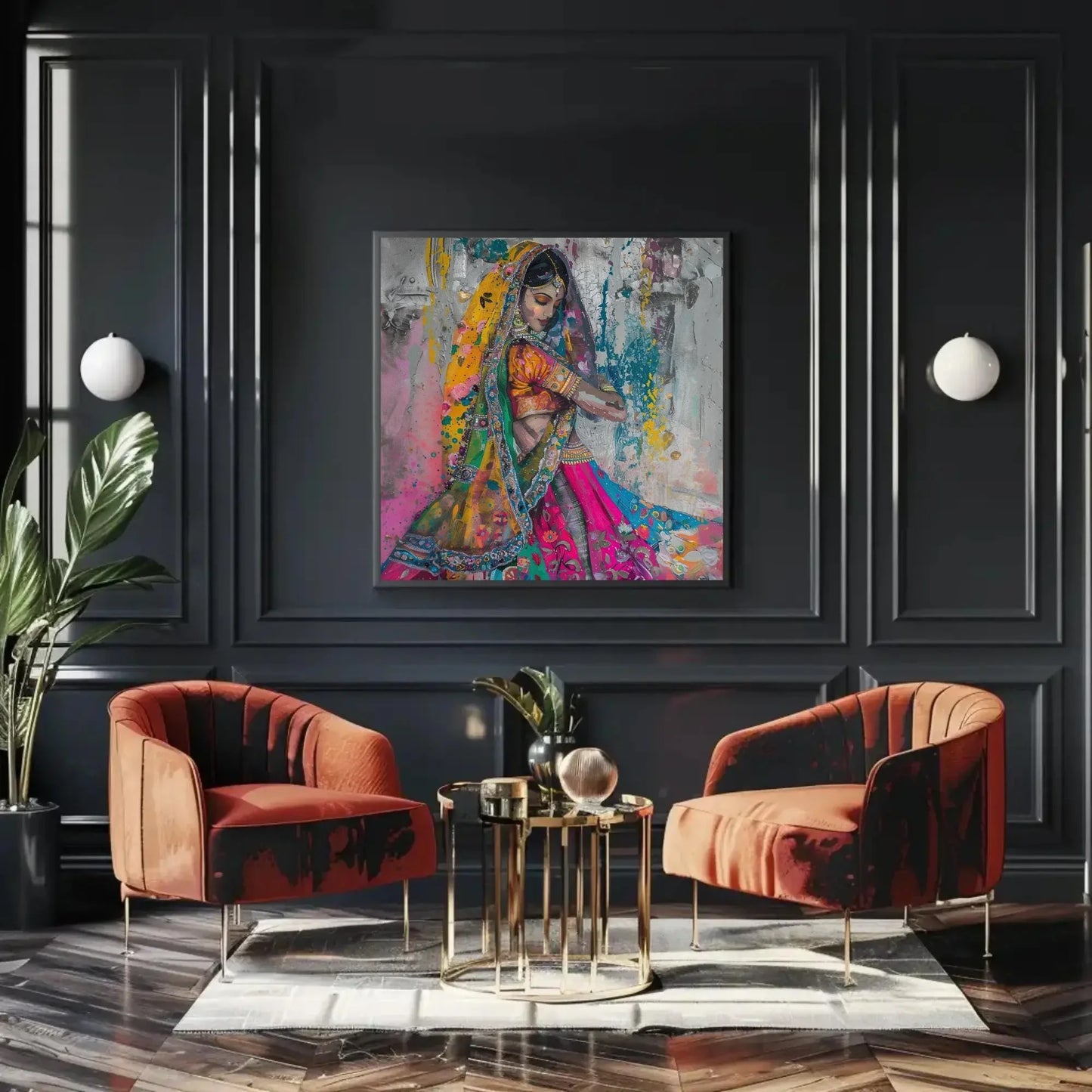 Traditional Indian Woman in Colorful Saree Abstract Canvas | Square Vibrant South Asian Wall Art | Indian Painting for Living Room, Bedroom Wall Art – Canvas Print