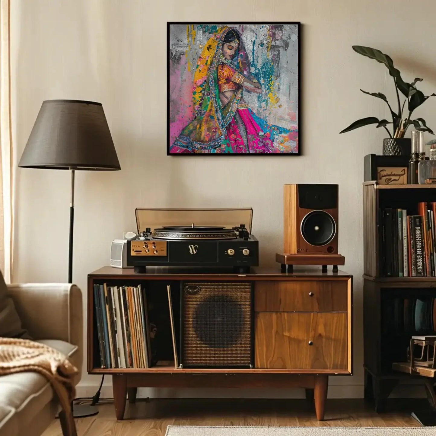 Traditional Indian Woman in Colorful Saree Abstract Canvas | Square Vibrant South Asian Wall Art | Indian Painting for Living Room, Bedroom Wall Art – Canvas Print