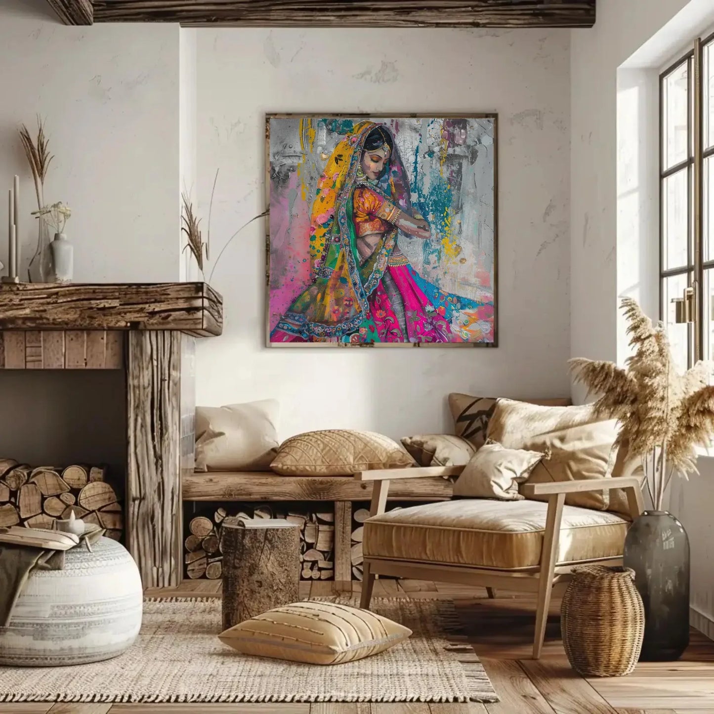 Traditional Indian Woman in Colorful Saree Abstract Canvas | Square Vibrant South Asian Wall Art | Indian Painting for Living Room, Bedroom Wall Art – Canvas Print