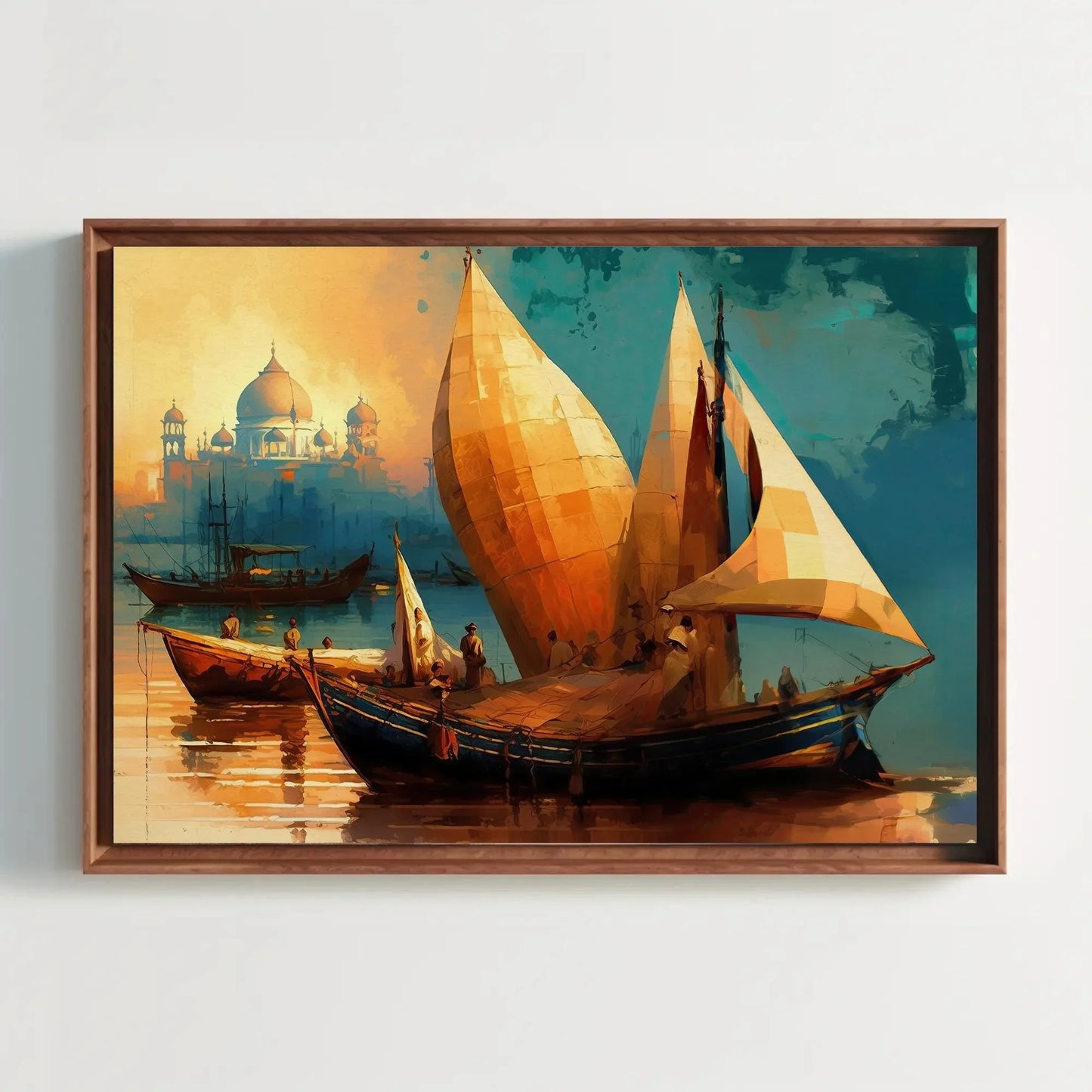 Taj Mahal Ancient Indian Harbour Painting, Boats in Yamuna River near Taj Mahal Large Canvas Art for Indian Home Decor Wall Art – Canvas Print