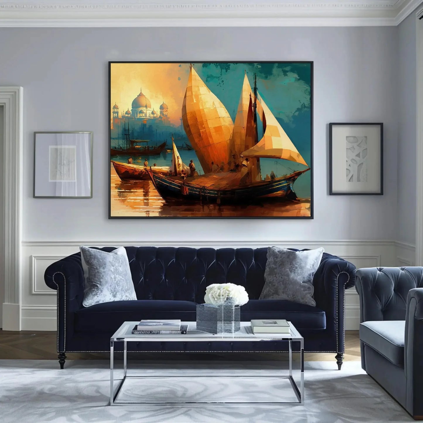 Taj Mahal Ancient Indian Harbour Painting, Boats in Yamuna River near Taj Mahal Large Canvas Art for Indian Home Decor Wall Art – Canvas Print