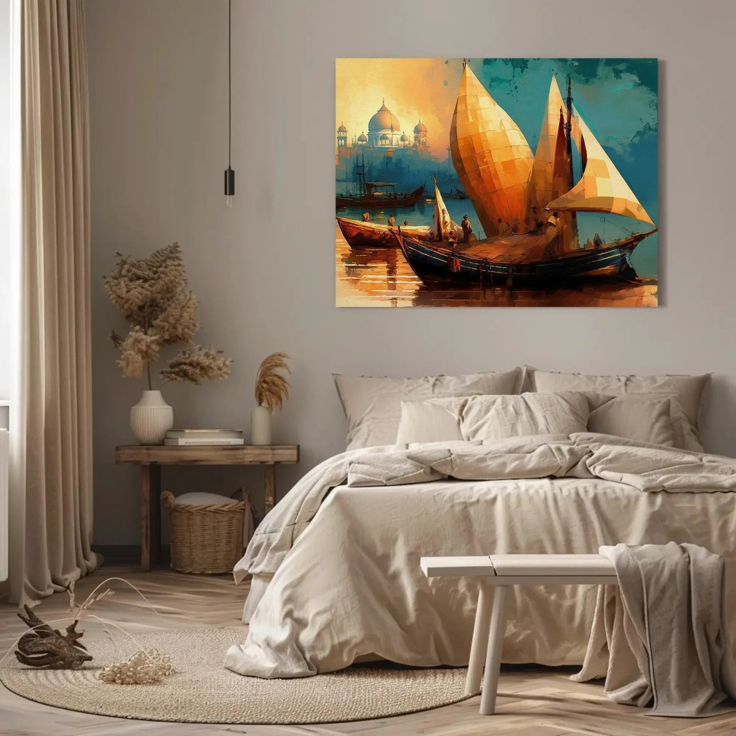 Taj Mahal Ancient Indian Harbour Painting, Boats in Yamuna River near Taj Mahal Large Canvas Art for Indian Home Decor Wall Art – Canvas Print