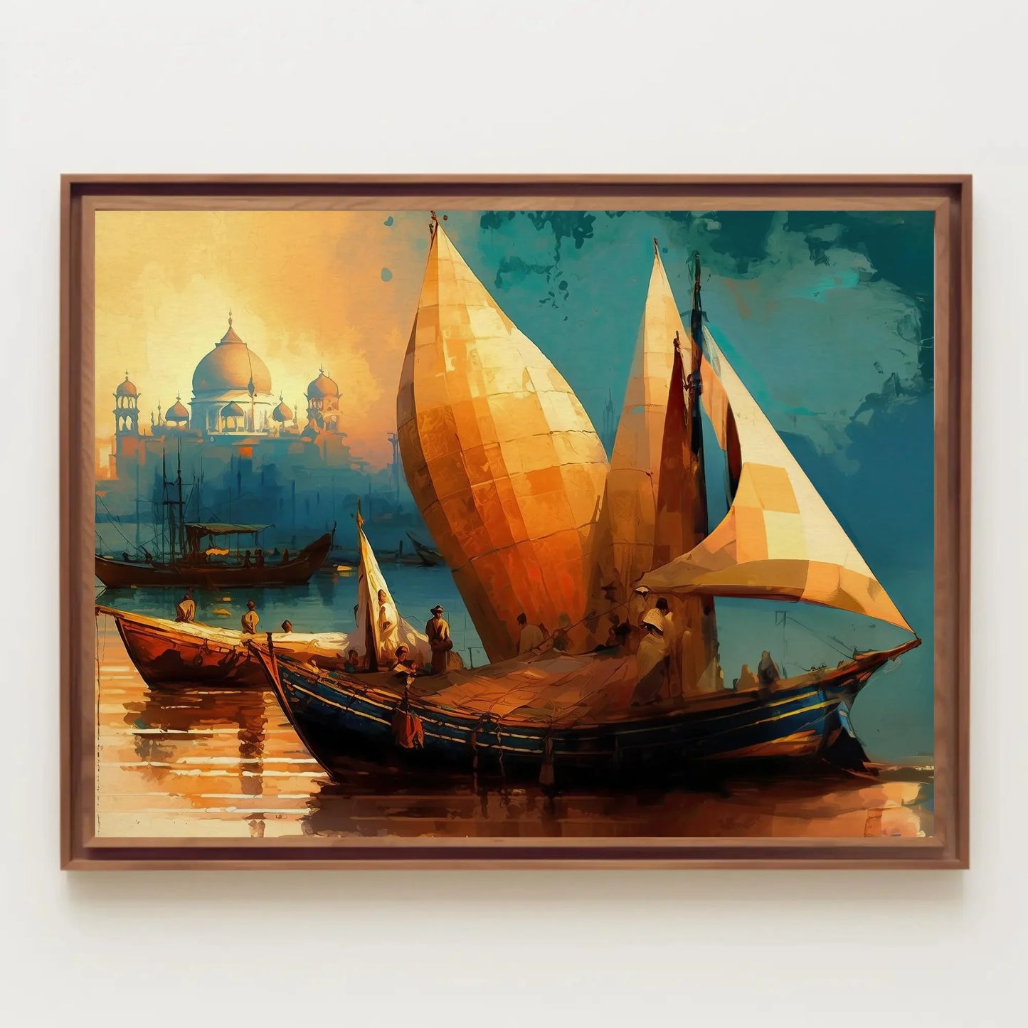 Taj Mahal Ancient Indian Harbour Painting, Boats in Yamuna River near Taj Mahal Large Canvas Art for Indian Home Decor Wall Art – Canvas Print