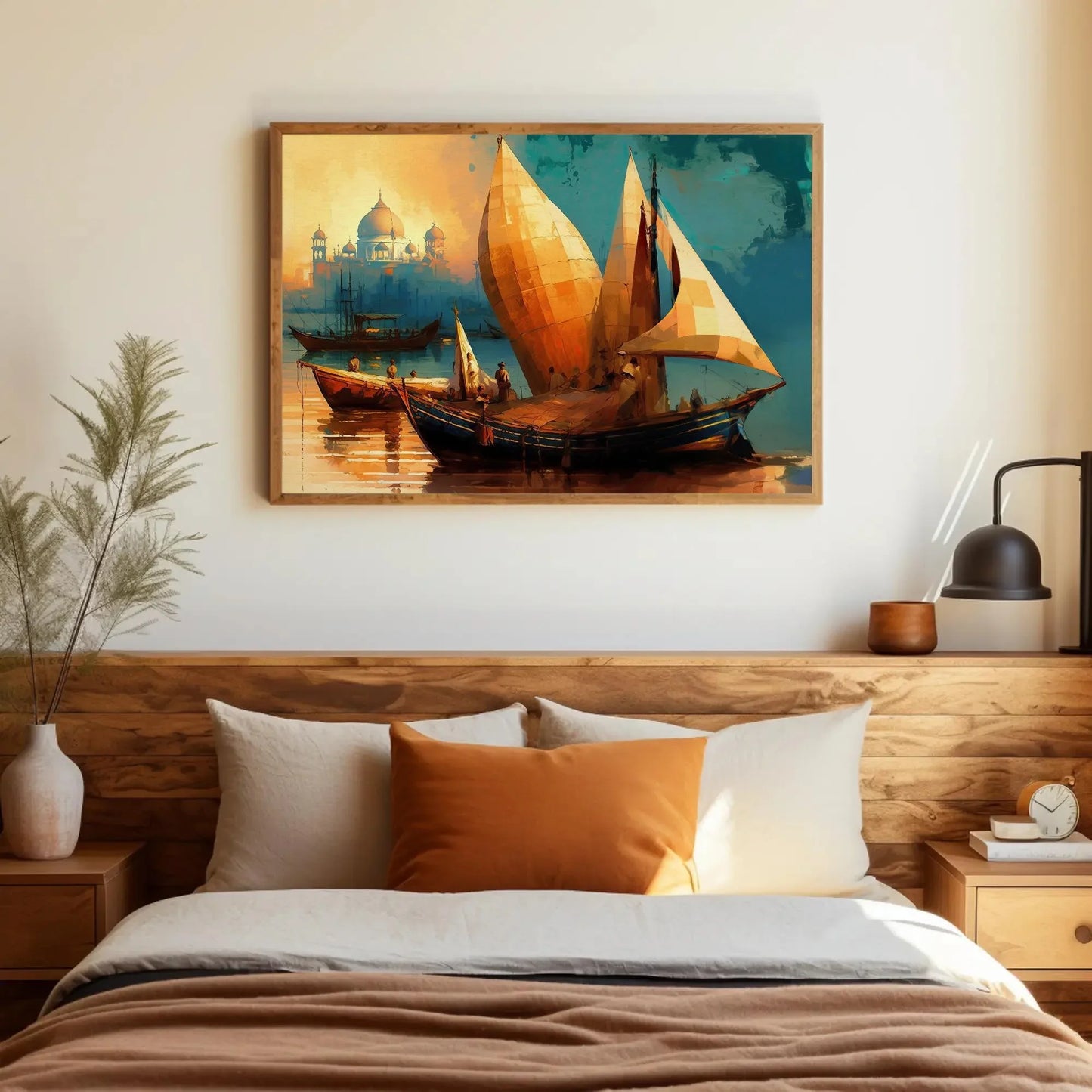 Taj Mahal Ancient Indian Harbour Painting, Boats in Yamuna River near Taj Mahal Large Canvas Art for Indian Home Decor Wall Art – Canvas Print