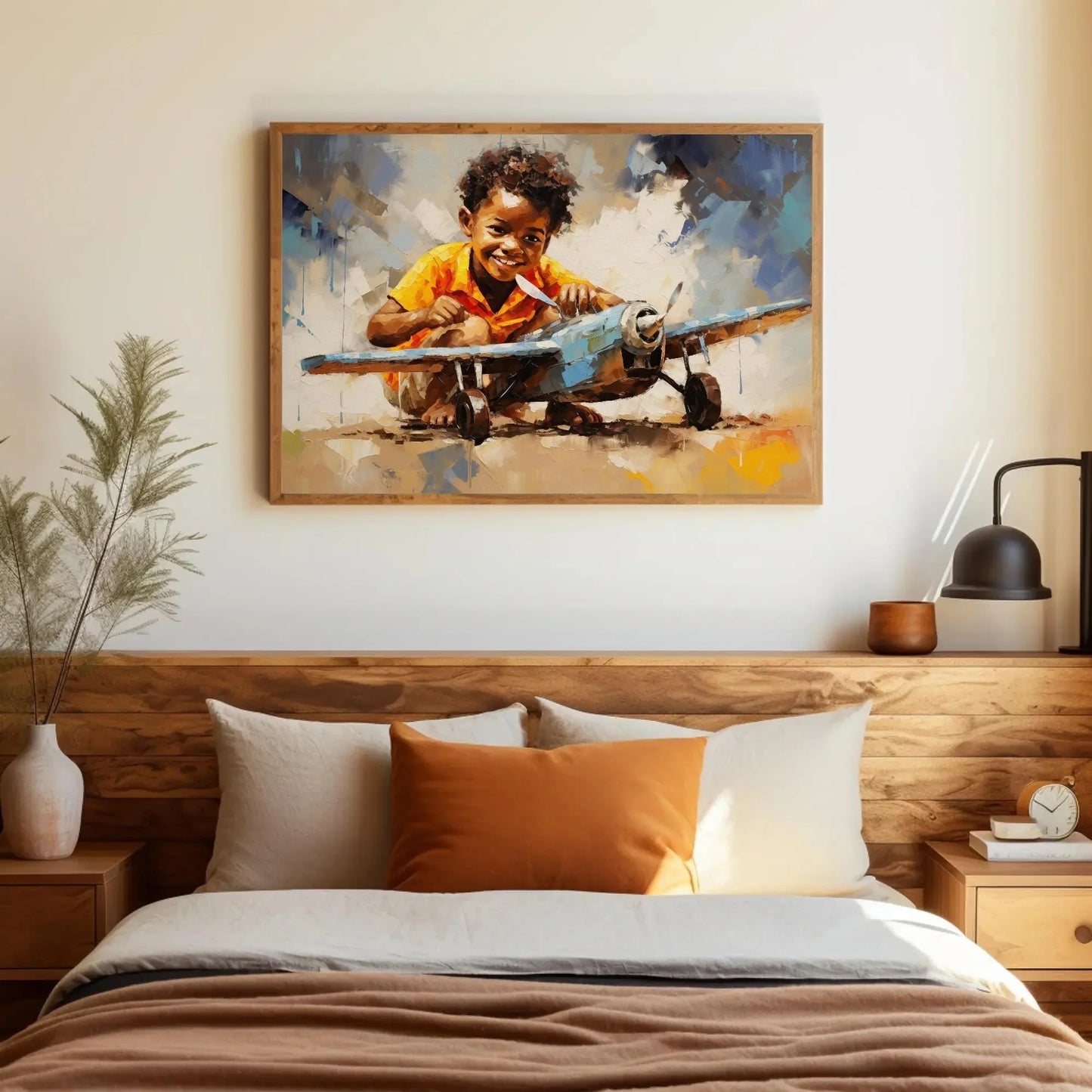 African American with a Toy Plane, African Black art, Happy African Child, Black Art, Pilot Kid, Joyful Motivational Wall Art Wall Art – Canvas Print