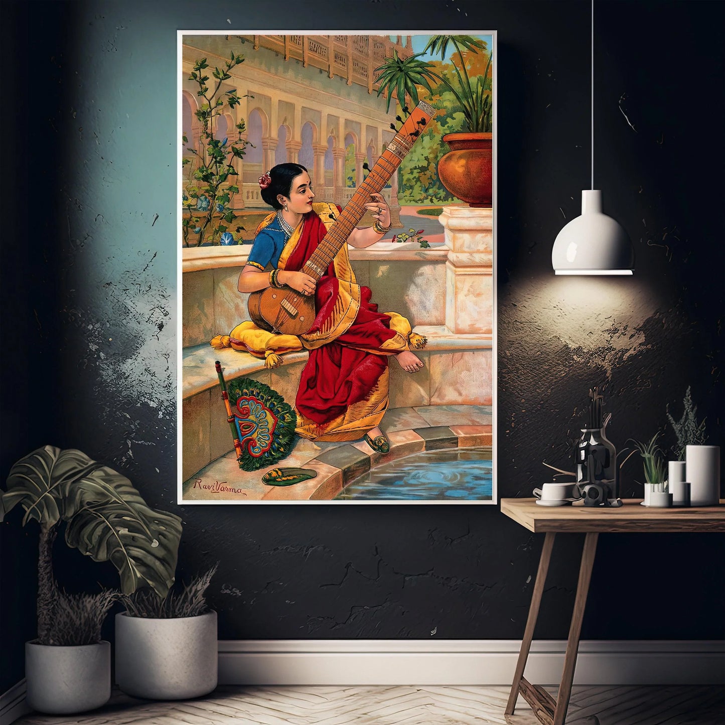 Indian Woman Playing Sitar (1800s) singed by Raja Ravi Varma Print | Vintage Indian Art | Indian Painting | Indian Wall Art | Print Wall Art – Canvas Print
