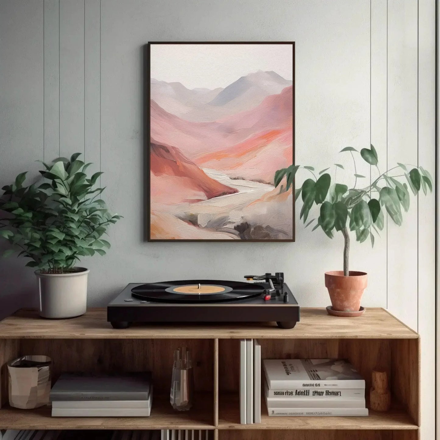 Abstract Pink Mountain Valley Oil Painting Canvas Print - Minimalist Earthy Tones - Ready to Hang for Living Room or Bedroom Decor Wall Art – Canvas Print