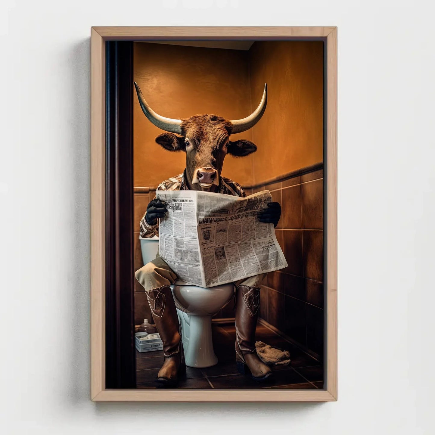 Texas Longhorn Cow Reading Newspaper On The Toilet Animal Lovers Gift Canvas Painting Funny Bathroom Art Framed Print Farmhouse Decor Wall Art – Canvas Print