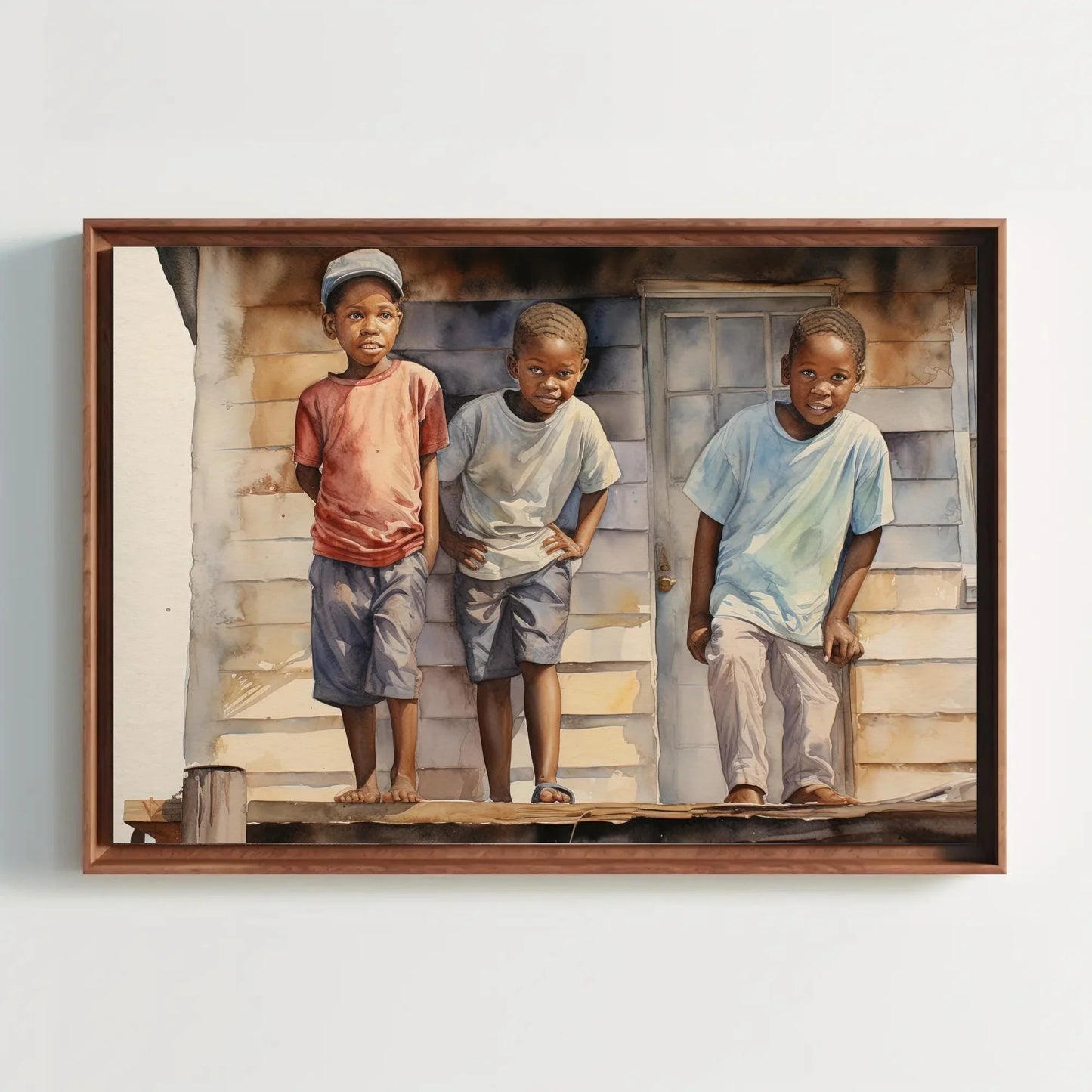 African Watercolour Painting, Curious African Kids on the Roof, African American Art, Canvas Print, Framed Poster, Ready To Hang Wall Art – Canvas Print