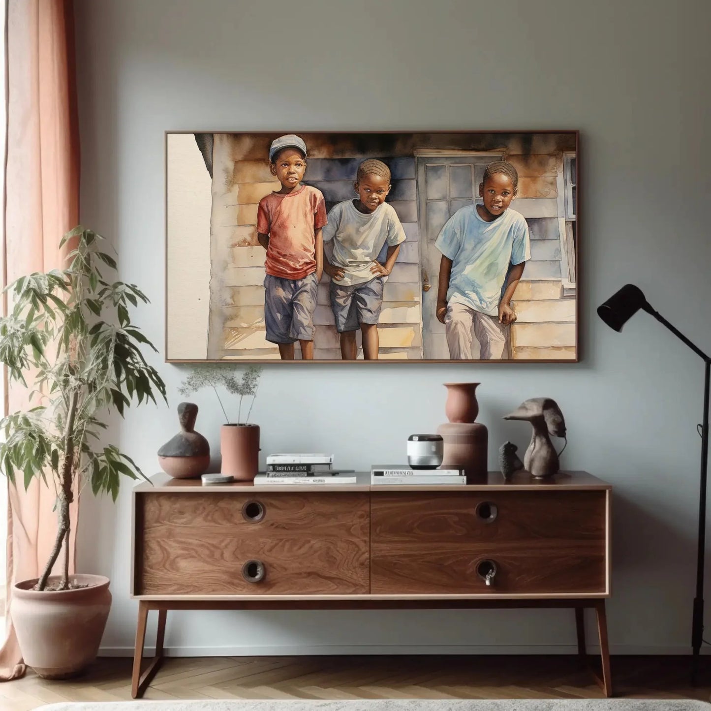 African Watercolour Painting, Curious African Kids on the Roof, African American Art, Canvas Print, Framed Poster, Ready To Hang Wall Art – Canvas Print