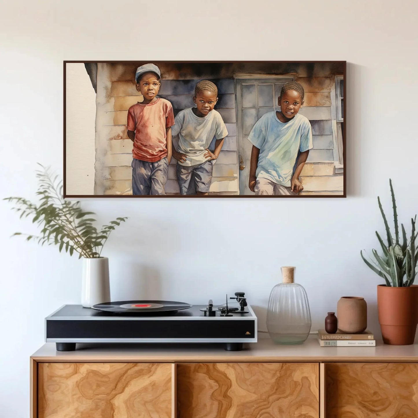 African Watercolour Painting, Curious African Kids on the Roof, African American Art, Canvas Print, Framed Poster, Ready To Hang Wall Art – Canvas Print