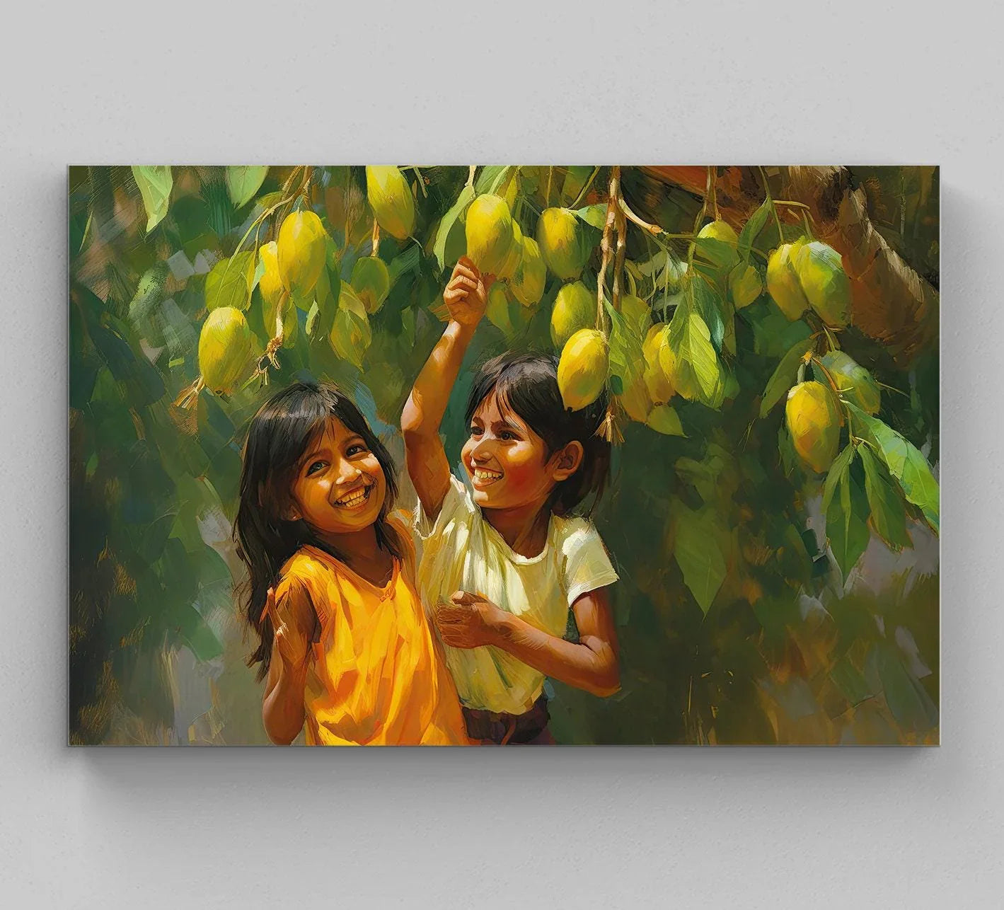 Happy Children under a Mango Tree, Mango Art Print, Indian Artwork, Mexican Decor, Home Decor, Asian Art Print, Childhood Memory Gift Wall Art – Canvas Print