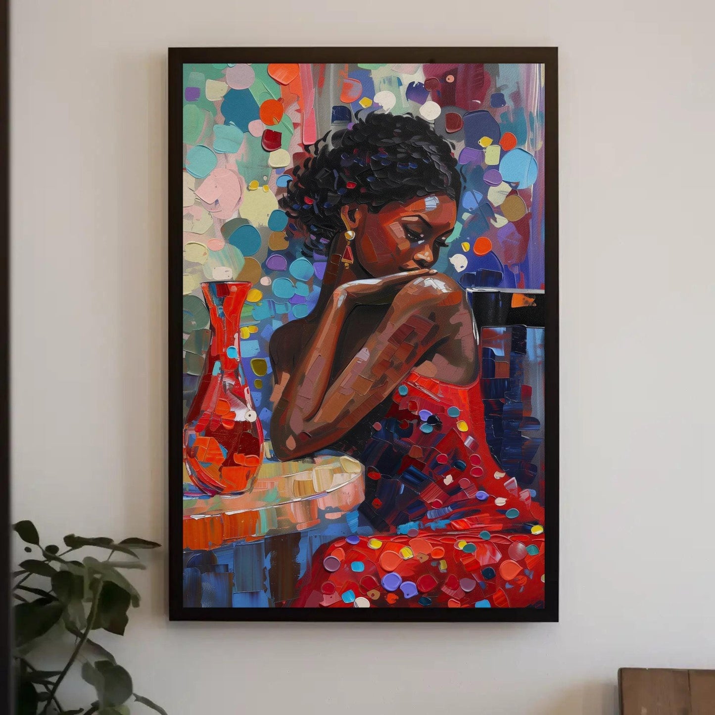 African Girl Abstract Colorful Oil Painting Extra-Large Canvas Print Classy Black Woman in Red Dress African American Art Gift for Her Wall Art – Canvas Print