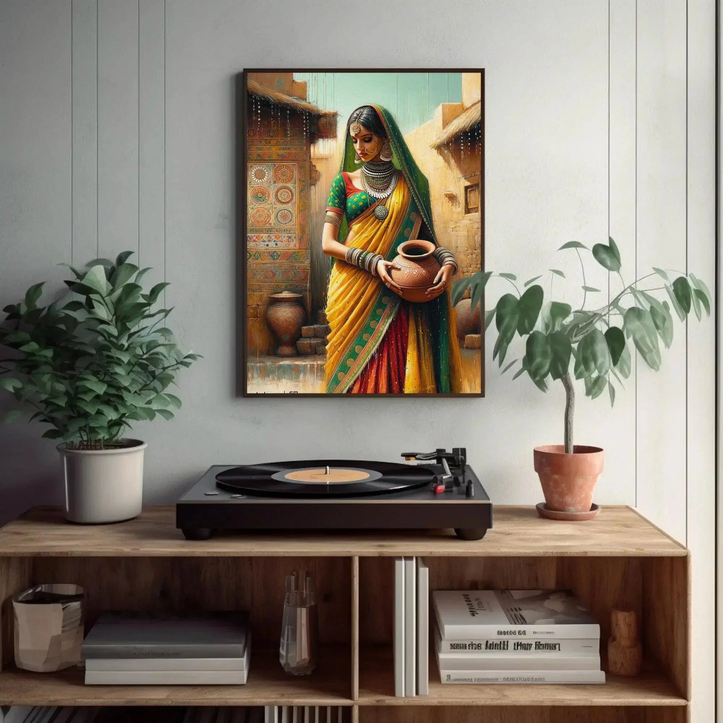 Traditional Indian Woman Holding a Pot Portrait Canvas Painting, Indian Living Room Decor, Desi Wall Art, South Asian Painting, Framed Print Wall Art – Canvas Print
